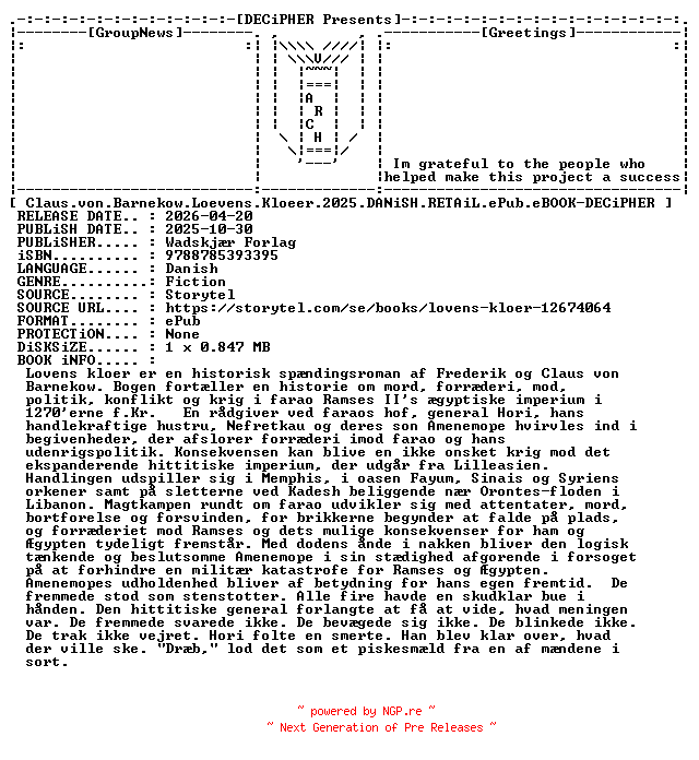 NFO for the release Claus.Von.Barnekow.Loevens.Kloeer.2025.DANiSH.RETAiL.ePub.eBOOK-DECiPHER by DECiPHER