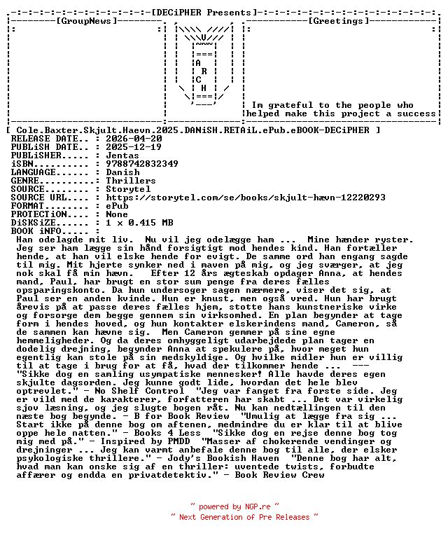 NFO for the release Cole.Baxter.Skjult.Haevn.2025.DANiSH.RETAiL.ePub.eBOOK-DECiPHER by DECiPHER