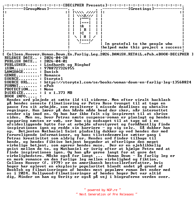 NFO for the release Colleen.Hoover.Woman.Down.En.Farlig.Leg.2026.DANiSH.RETAiL.ePub.eBOOK-DECiPHER by DECiPHER