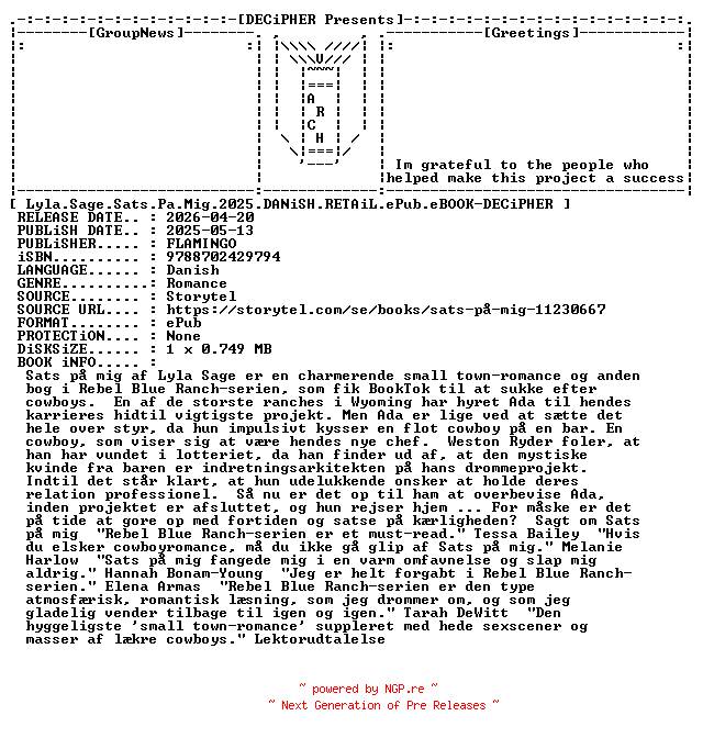 NFO for the release Lyla.Sage.Sats.Pa.Mig.2025.DANiSH.RETAiL.ePub.eBOOK-DECiPHER by DECiPHER