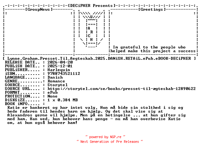 NFO for the release Lynne.Graham.Presset.Til.Aegteskab.2025.DANiSH.RETAiL.ePub.eBOOK-DECiPHER by DECiPHER