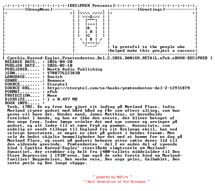 NFO for the release Cynthia.Harrod.Eagles.Praetendenten.Del.2.2026.DANiSH.RETAiL.ePub.eBOOK-DECiPHER by DECiPHER