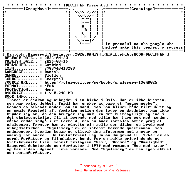 NFO for the release Dag.John.Haugerud.Sjaelesorg.2026.DANiSH.RETAiL.ePub.eBOOK-DECiPHER by DECiPHER