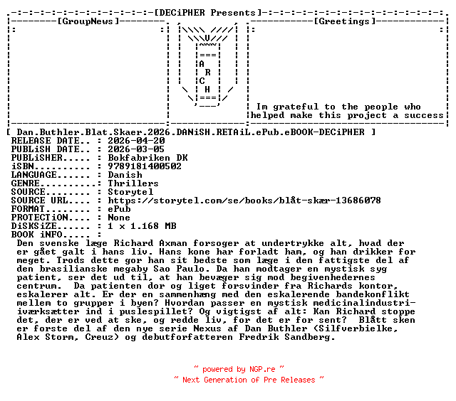NFO for the release Dan.Buthler.Blat.Skaer.2026.DANiSH.RETAiL.ePub.eBOOK-DECiPHER by DECiPHER