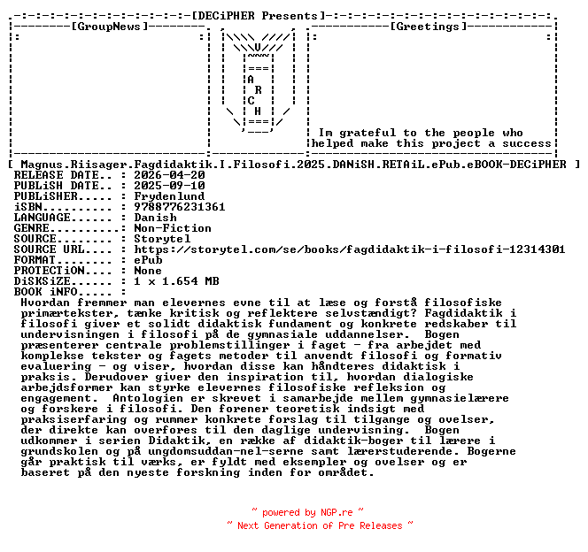 NFO for the release Magnus.Riisager.Fagdidaktik.I.Filosofi.2025.DANiSH.RETAiL.ePub.eBOOK-DECiPHER by DECiPHER