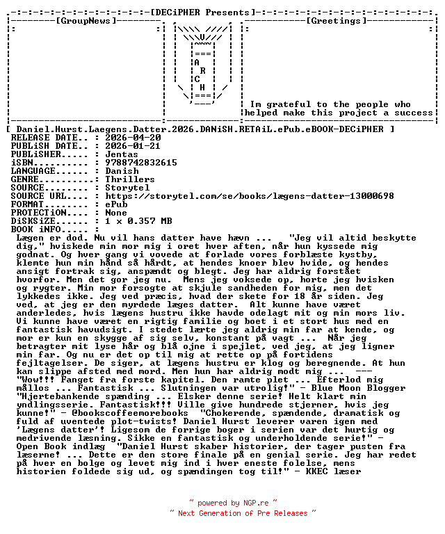 NFO for the release Daniel.Hurst.Laegens.Datter.2026.DANiSH.RETAiL.ePub.eBOOK-DECiPHER by DECiPHER