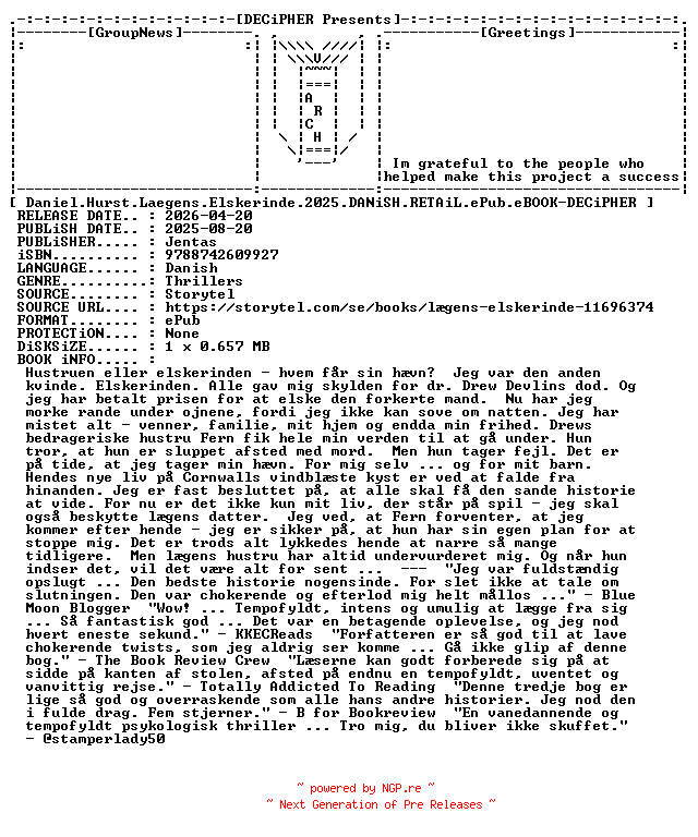 NFO for the release Daniel.Hurst.Laegens.Elskerinde.2025.DANiSH.RETAiL.ePub.eBOOK-DECiPHER by DECiPHER