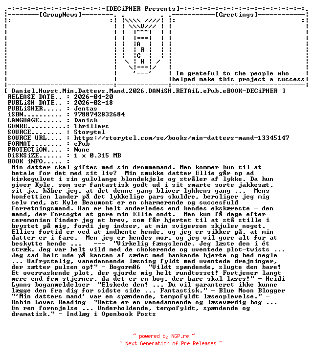 NFO for the release Daniel.Hurst.Min.Datters.Mand.2026.DANiSH.RETAiL.ePub.eBOOK-DECiPHER by DECiPHER