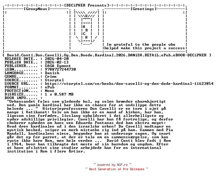 NFO for the release David.Conti.Don.Cavelli.Og.Den.Doede.Kardinal.2026.DANiSH.RETAiL.ePub.eBOOK-DECiPHER by DECiPHER