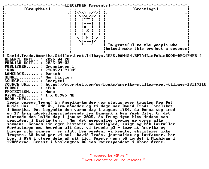 NFO for the release David.Trads.Amerika.Stiller.Uret.Tilbage.2025.DANiSH.RETAiL.ePub.eBOOK-DECiPHER by DECiPHER