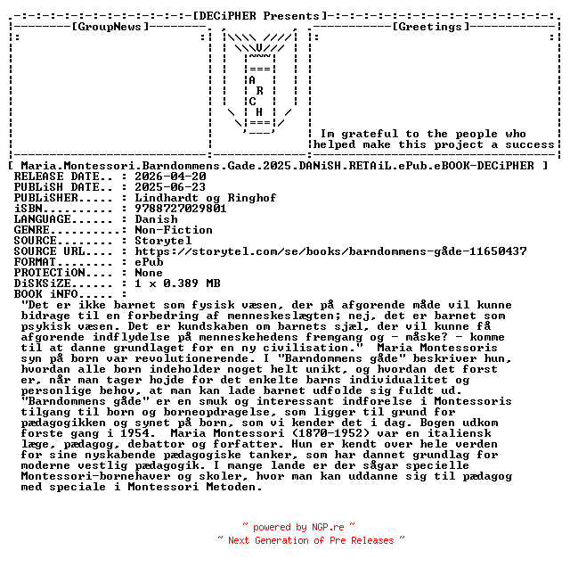 NFO for the release Maria.Montessori.Barndommens.Gade.2025.DANiSH.RETAiL.ePub.eBOOK-DECiPHER by DECiPHER