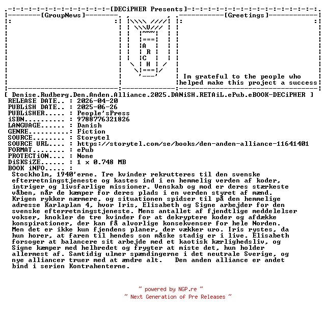 NFO for the release Denise.Rudberg.Den.Anden.Alliance.2025.DANiSH.RETAiL.ePub.eBOOK-DECiPHER by DECiPHER
