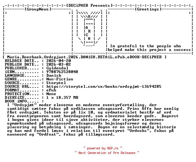 NFO for the release Maria.Roerbaek.Ordspjaet.2026.DANiSH.RETAiL.ePub.eBOOK-DECiPHER by DECiPHER