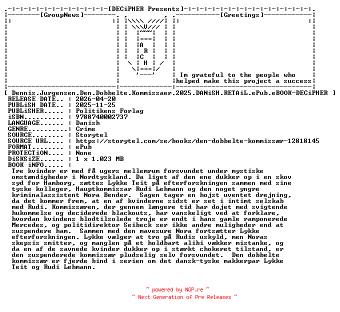 NFO for the release Dennis.Jurgensen.Den.Dobbelte.Kommissaer.2025.DANiSH.RETAiL.ePub.eBOOK-DECiPHER by DECiPHER