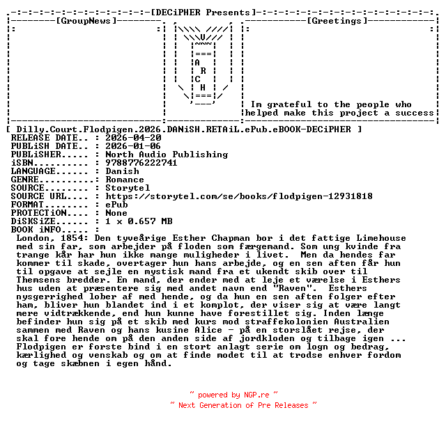 NFO for the release Dilly.Court.Flodpigen.2026.DANiSH.RETAiL.ePub.eBOOK-DECiPHER by DECiPHER
