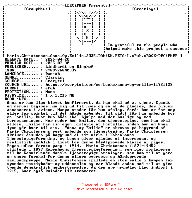 NFO for the release Marie.Christensen.Anna.Og.Emilie.2025.DANiSH.RETAiL.ePub.eBOOK-DECiPHER by DECiPHER