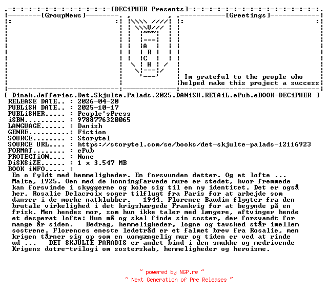 NFO for the release Dinah.Jefferies.Det.Skjulte.Palads.2025.DANiSH.RETAiL.ePub.eBOOK-DECiPHER by DECiPHER