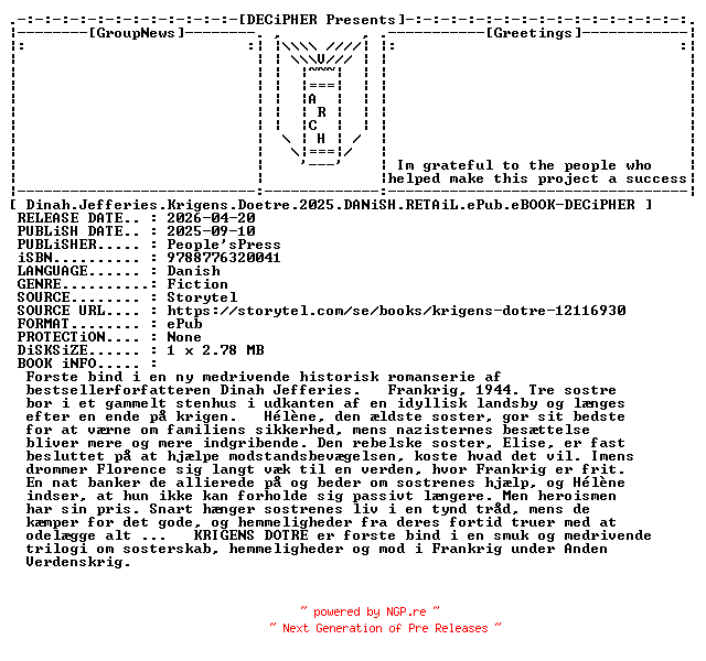 NFO for the release Dinah.Jefferies.Krigens.Doetre.2025.DANiSH.RETAiL.ePub.eBOOK-DECiPHER by DECiPHER