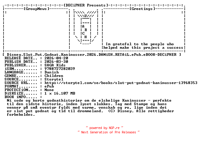 NFO for the release Disney.Slut.Put.Godnat.Kaninusser.2026.DANiSH.RETAiL.ePub.eBOOK-DECiPHER by DECiPHER
