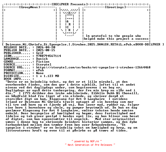NFO for the release Doireann.Ni.Ghriofa.Et.Spoegelse.I.Struben.2025.DANiSH.RETAiL.ePub.eBOOK-DECiPHER by DECiPHER