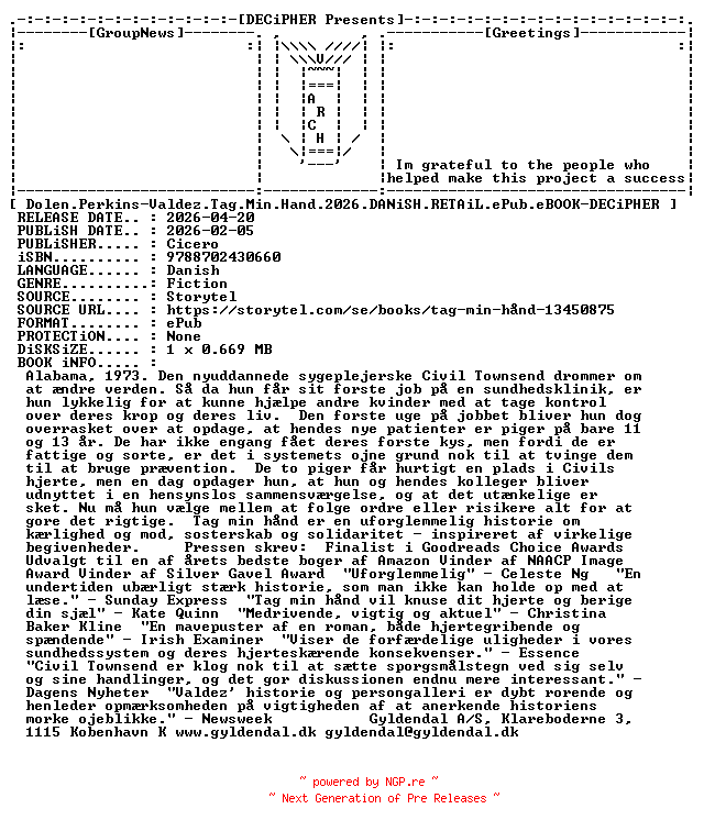 NFO for the release Dolen.Perkins.Valdez.Tag.Min.Hand.2026.DANiSH.RETAiL.ePub.eBOOK-DECiPHER by DECiPHER
