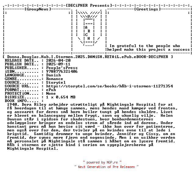 NFO for the release Donna.Douglas.Hab.I.Stormen.2025.DANiSH.RETAiL.ePub.eBOOK-DECiPHER by DECiPHER