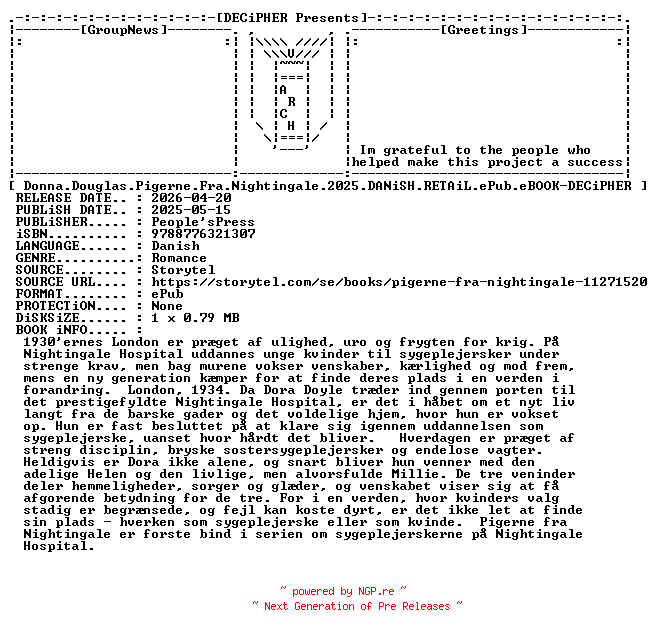 NFO for the release Donna.Douglas.Pigerne.Fra.Nightingale.2025.DANiSH.RETAiL.ePub.eBOOK-DECiPHER by DECiPHER