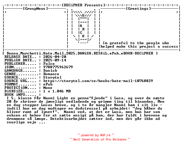 NFO for the release Donna.Marchetti.Hate.Mail.2025.DANiSH.RETAiL.ePub.eBOOK-DECiPHER by DECiPHER