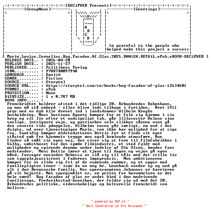 NFO for the release Marie.Louise.Cornelius.Bag.Facaden.Af.Glas.2025.DANiSH.RETAiL.ePub.eBOOK-DECiPHER by DECiPHER