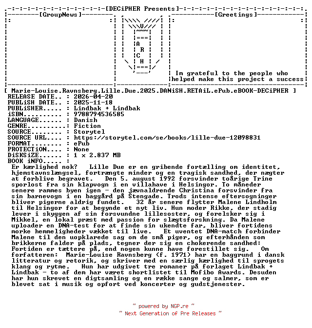 NFO for the release Marie.Louise.Ravnsberg.Lille.Due.2025.DANiSH.RETAiL.ePub.eBOOK-DECiPHER by DECiPHER