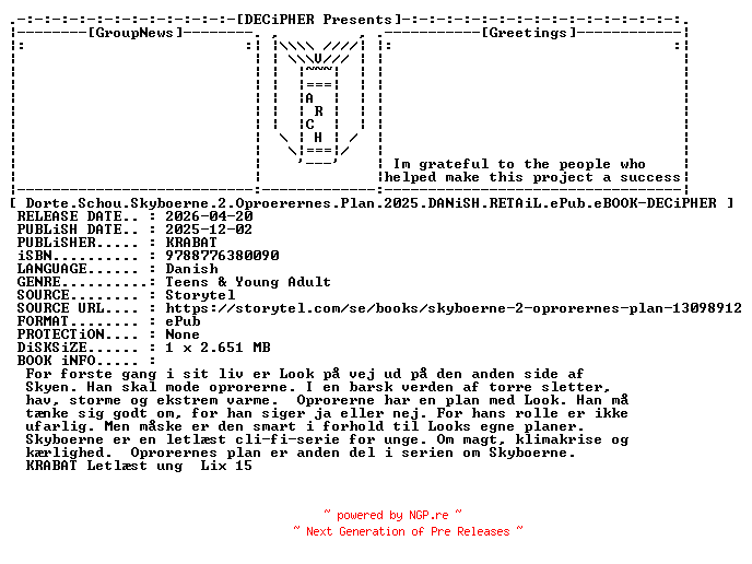 NFO for the release Dorte.Schou.Skyboerne.2.Oproerernes.Plan.2025.DANiSH.RETAiL.ePub.eBOOK-DECiPHER by DECiPHER