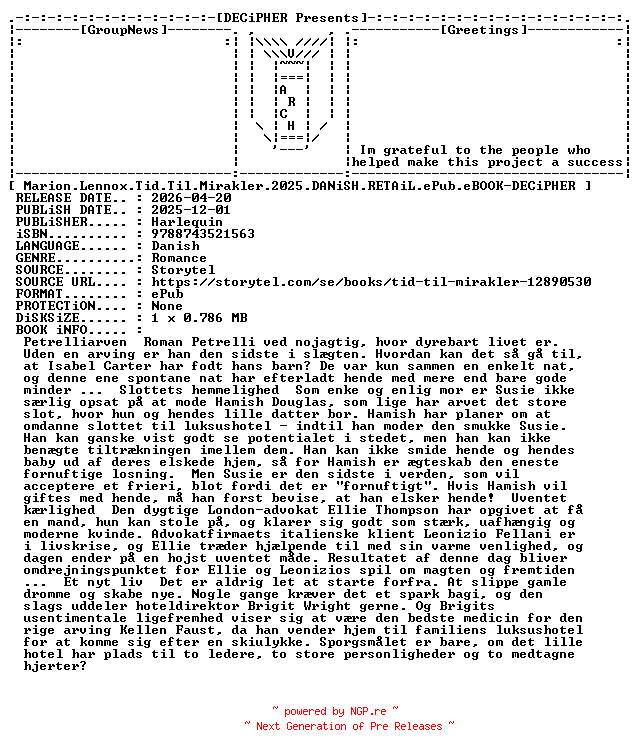 NFO for the release Marion.Lennox.Tid.Til.Mirakler.2025.DANiSH.RETAiL.ePub.eBOOK-DECiPHER by DECiPHER