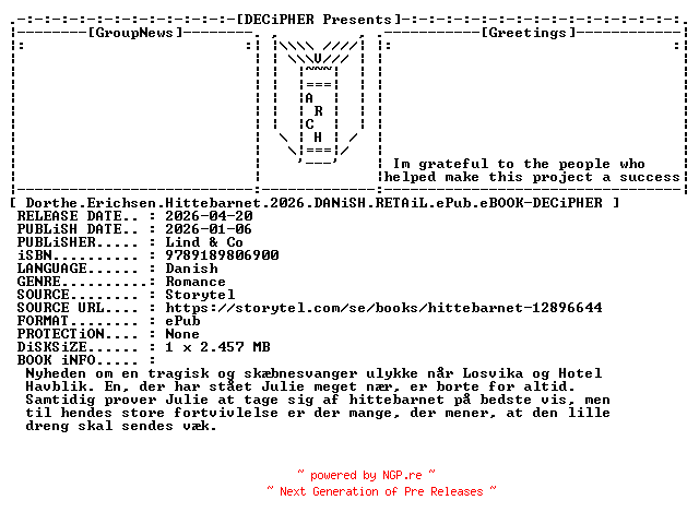 NFO for the release Dorthe.Erichsen.Hittebarnet.2026.DANiSH.RETAiL.ePub.eBOOK-DECiPHER by DECiPHER