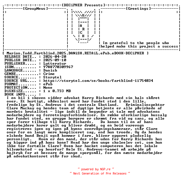 NFO for the release Marion.Todd.Fartblind.2025.DANiSH.RETAiL.ePub.eBOOK-DECiPHER by DECiPHER