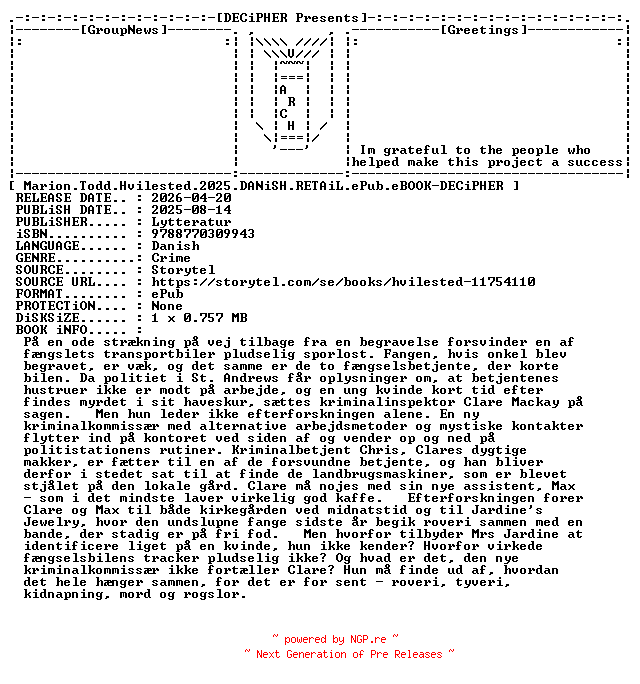 NFO for the release Marion.Todd.Hvilested.2025.DANiSH.RETAiL.ePub.eBOOK-DECiPHER by DECiPHER