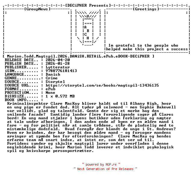 NFO for the release Marion.Todd.Magtspil.2026.DANiSH.RETAiL.ePub.eBOOK-DECiPHER by DECiPHER