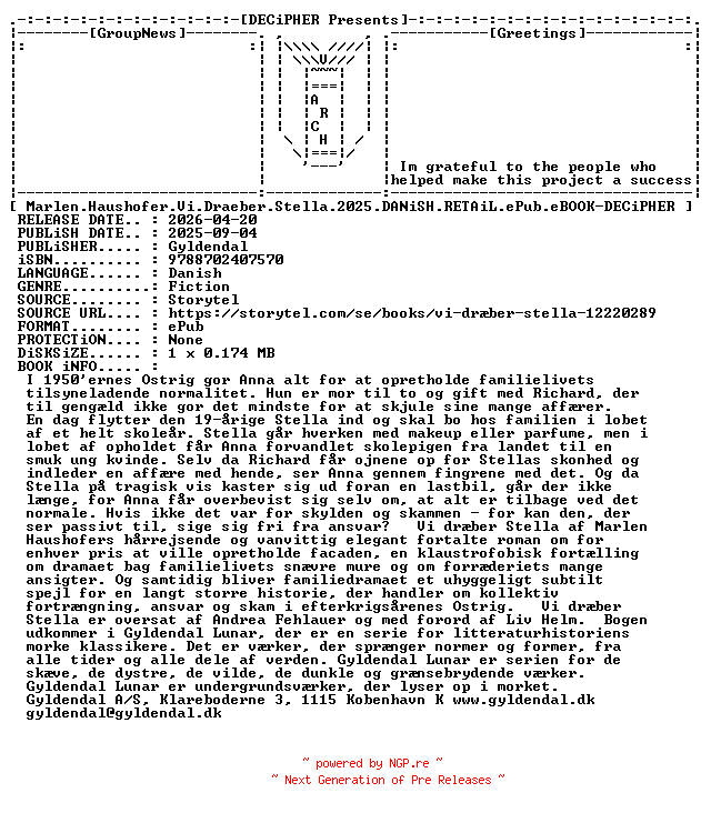 NFO for the release Marlen.Haushofer.Vi.Draeber.Stella.2025.DANiSH.RETAiL.ePub.eBOOK-DECiPHER by DECiPHER