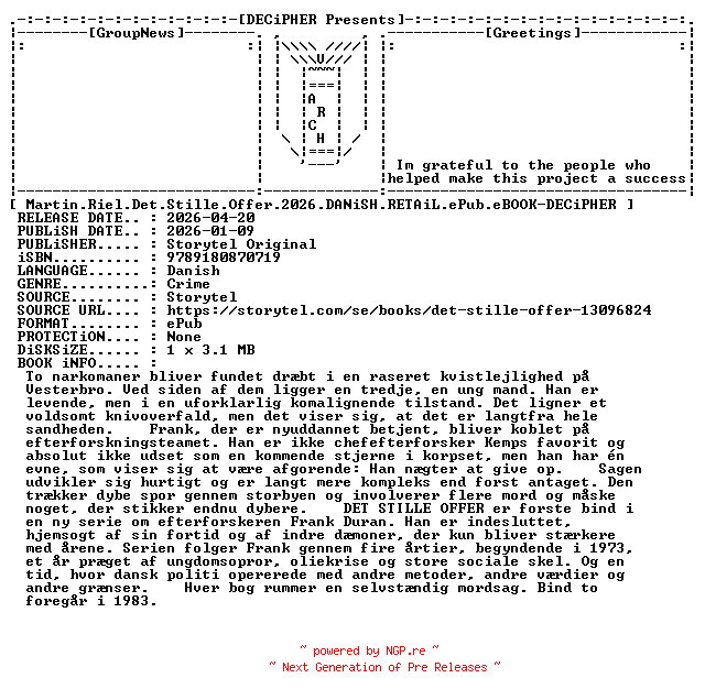 NFO for the release Martin.Riel.Det.Stille.Offer.2026.DANiSH.RETAiL.ePub.eBOOK-DECiPHER by DECiPHER
