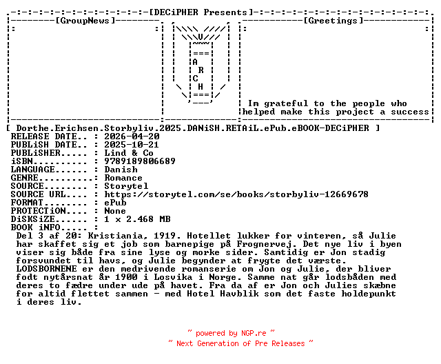 NFO for the release Dorthe.Erichsen.Storbyliv.2025.DANiSH.RETAiL.ePub.eBOOK-DECiPHER by DECiPHER