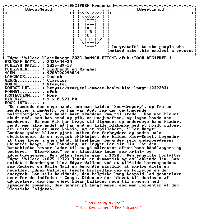 NFO for the release Edgar.Wallace.Kloerknaegt.2025.DANiSH.RETAiL.ePub.eBOOK-DECiPHER by DECiPHER