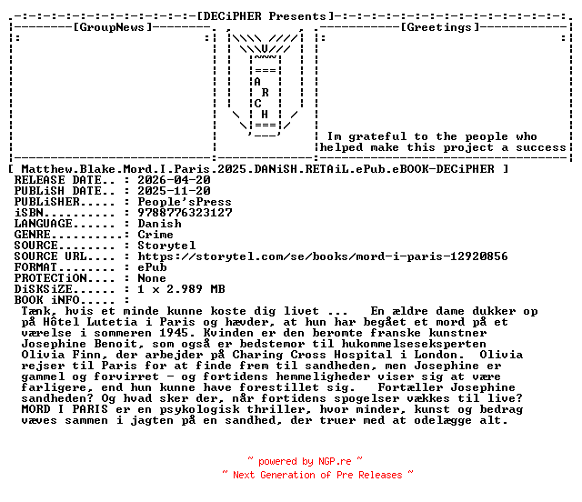 NFO for the release Matthew.Blake.Mord.I.Paris.2025.DANiSH.RETAiL.ePub.eBOOK-DECiPHER by DECiPHER