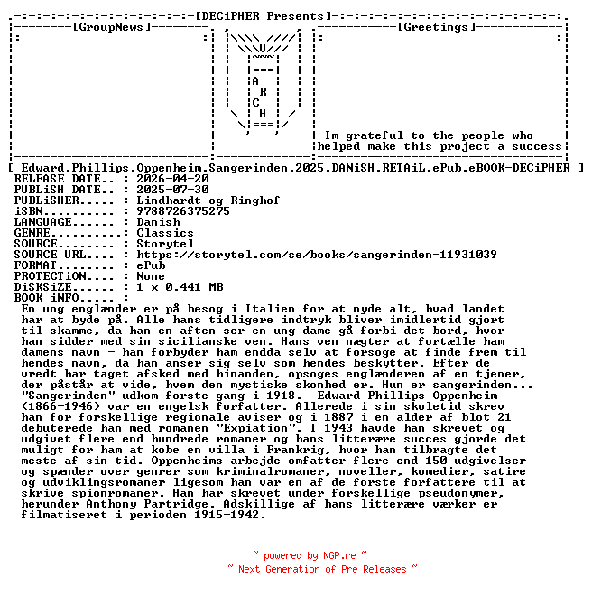 NFO for the release Edward.Phillips.Oppenheim.Sangerinden.2025.DANiSH.RETAiL.ePub.eBOOK-DECiPHER by DECiPHER