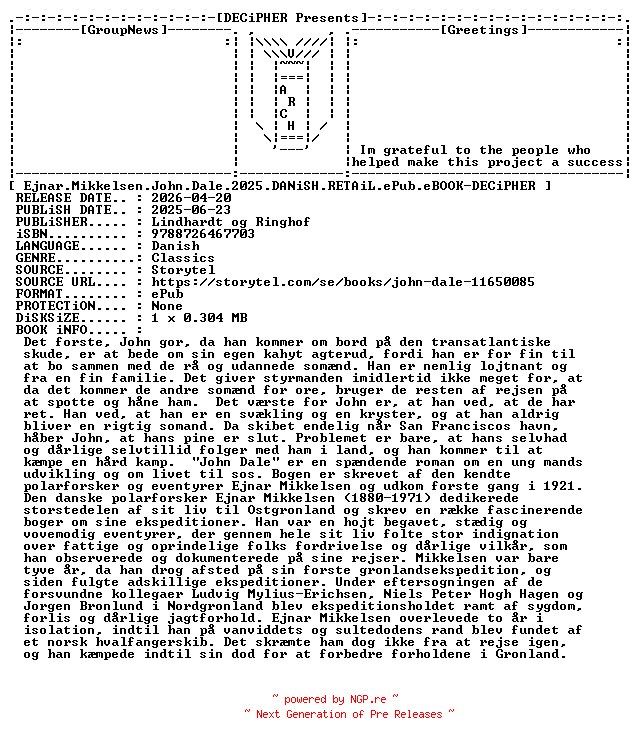 NFO for the release Ejnar.Mikkelsen.John.Dale.2025.DANiSH.RETAiL.ePub.eBOOK-DECiPHER by DECiPHER