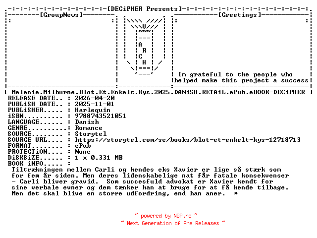 NFO for the release Melanie.Milburne.Blot.Et.Enkelt.Kys.2025.DANiSH.RETAiL.ePub.eBOOK-DECiPHER by DECiPHER