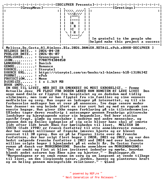 NFO for the release Melissa.Da.Costa.Al.Himlens.Bla.2026.DANiSH.RETAiL.ePub.eBOOK-DECiPHER by DECiPHER