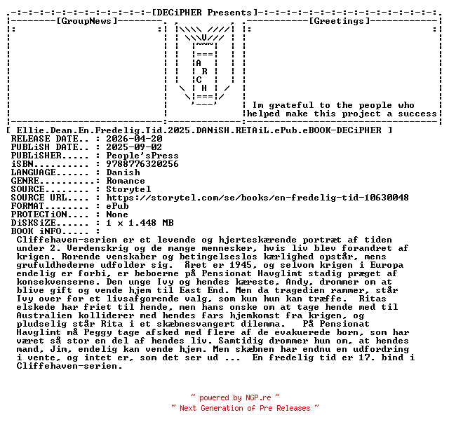 NFO for the release Ellie.Dean.En.Fredelig.Tid.2025.DANiSH.RETAiL.ePub.eBOOK-DECiPHER by DECiPHER