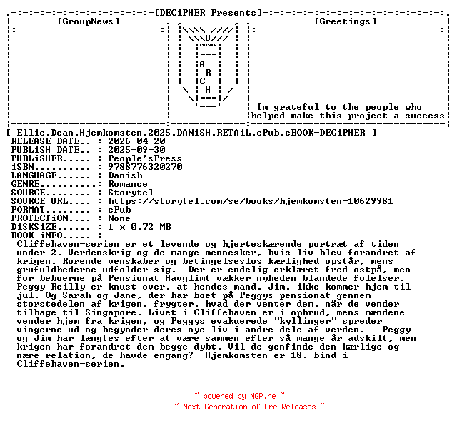 NFO for the release Ellie.Dean.Hjemkomsten.2025.DANiSH.RETAiL.ePub.eBOOK-DECiPHER by DECiPHER
