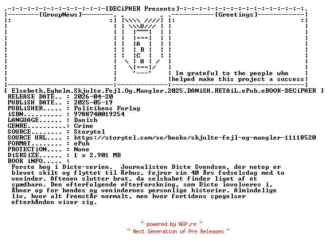 NFO for the release Elsebeth.Egholm.Skjulte.Fejl.Og.Mangler.2025.DANiSH.RETAiL.ePub.eBOOK-DECiPHER by DECiPHER