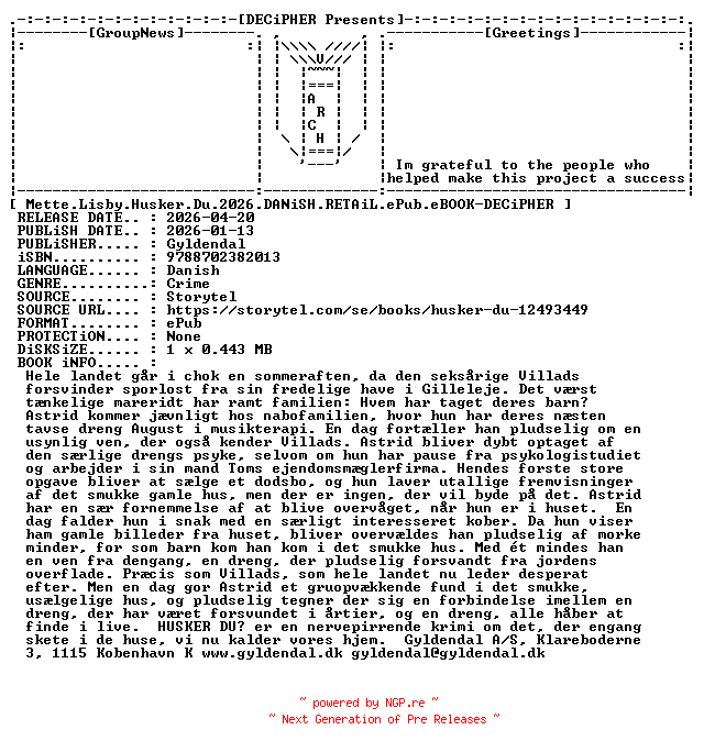 NFO for the release Mette.Lisby.Husker.Du.2026.DANiSH.RETAiL.ePub.eBOOK-DECiPHER by DECiPHER