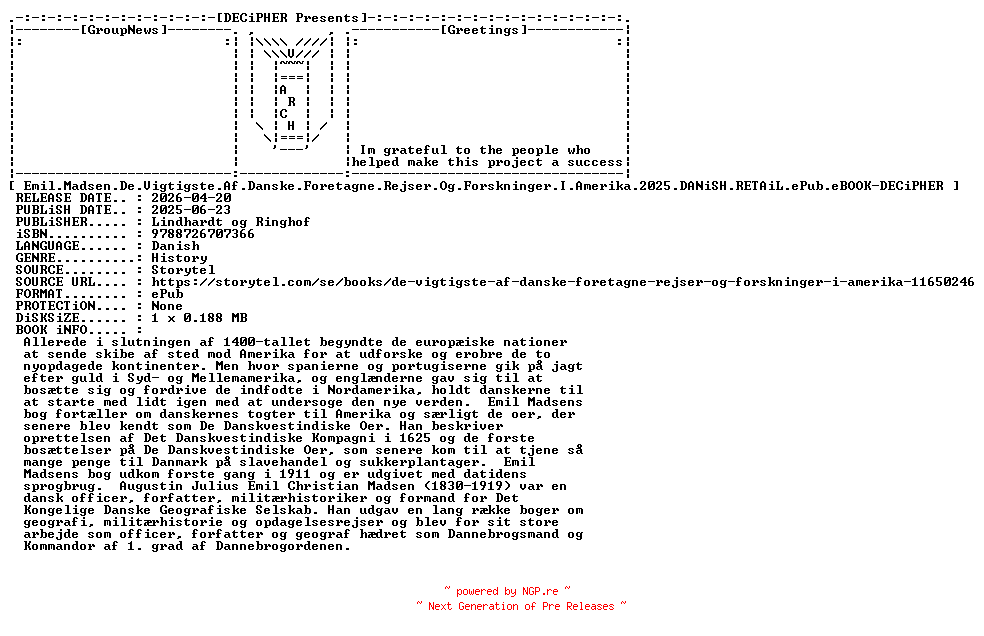 NFO for the release Emil.Madsen.De.Vigtigste.Af.Danske.Foretagne.Rejser.Og.Forskninger.I.Amerika.2025.DANiSH.RETAiL.ePub.eBOOK-DECiPHER by DECiPHER